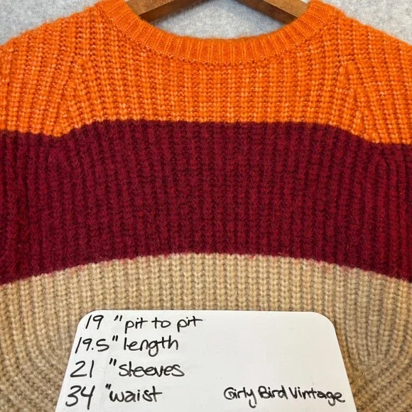 GB Women's XS Knit Sweater Striped Acrylic Wool Blend Orange Burgundy Tan Short - Picture 7 of 7